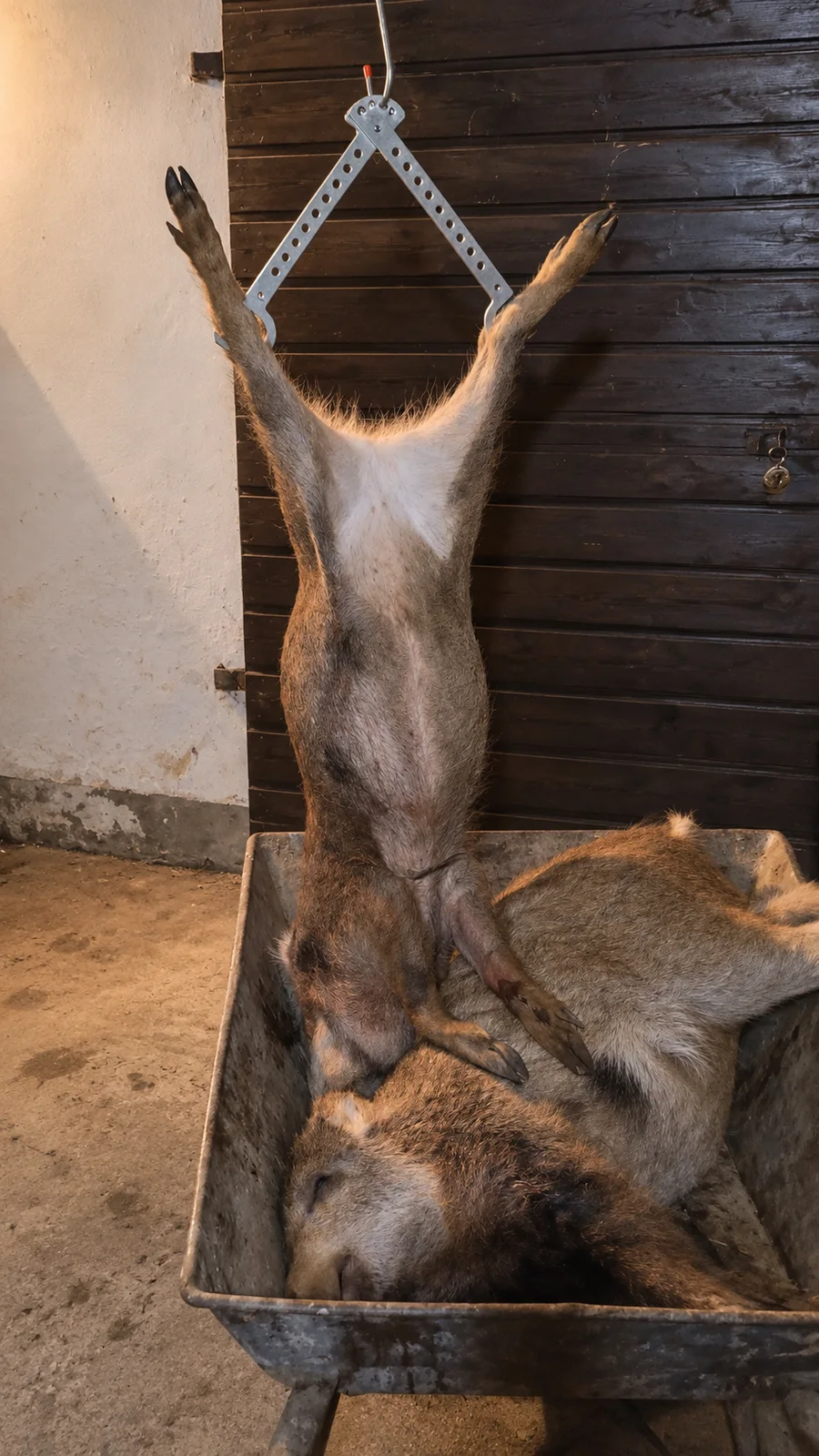 Wild boar suspended from a Waidgalgen in a game room