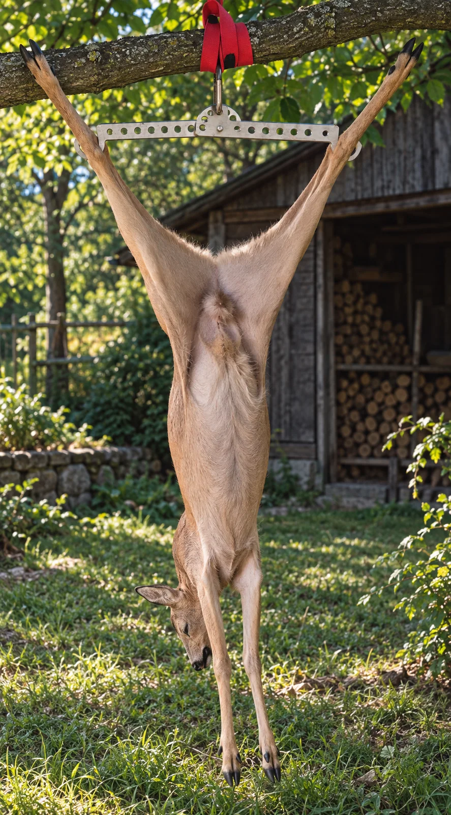 Roe deer suspended from a stainless-steel Waidgalgen